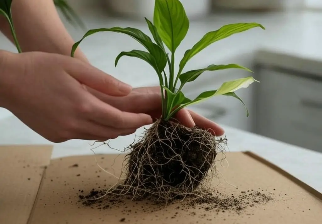 Removing Peace Lily from soil over a cardboard tray, preparing for water growth, on a kitchen counter.