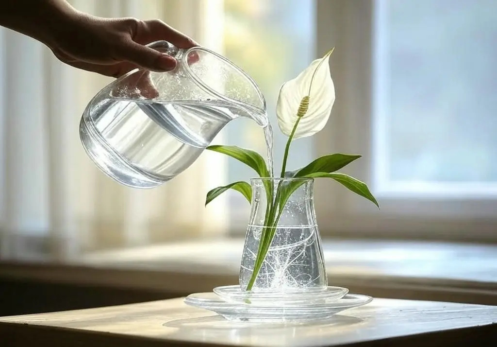Pouring distilled water into a Peace Lily vase on a windowsill, ideal for hydroponic growth.