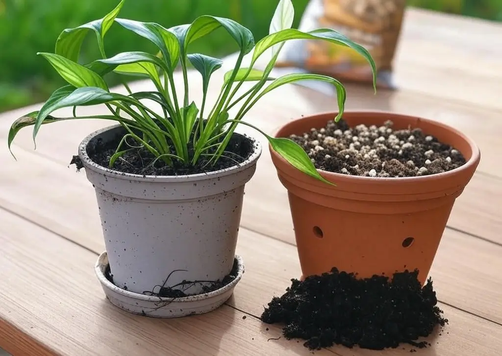 Repotting an overwatered Peace Lily into a terracotta pot with well-draining peat-perlite mix to fix root rot.