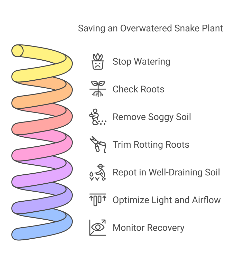 Step-by-step process to save an overwatered snake plant.