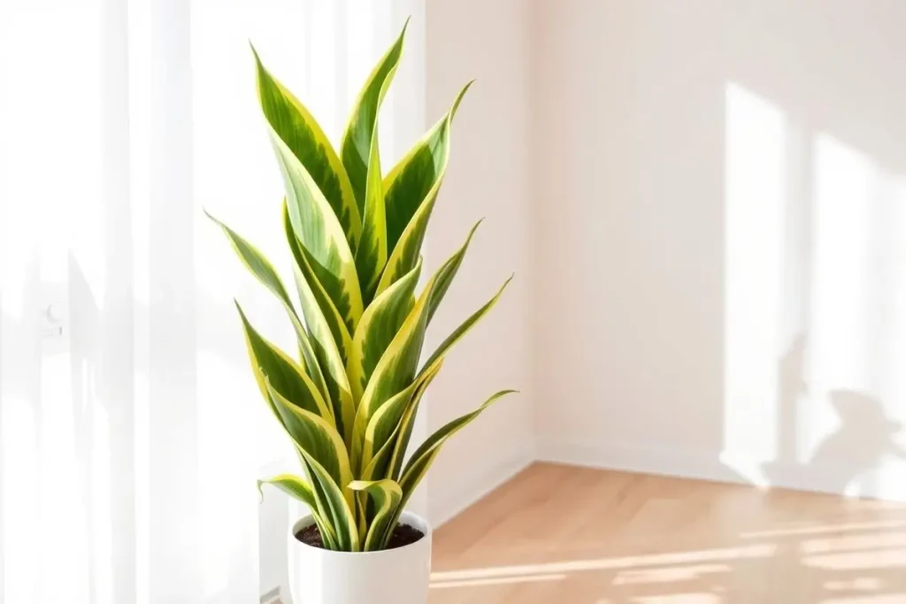 Healthy snake plant in bright indirect sunlight near an east-facing window with a sheer curtain, showcasing optimal light conditions for Sansevieria growth. Ideal example of Snake Plant Light Requirements.