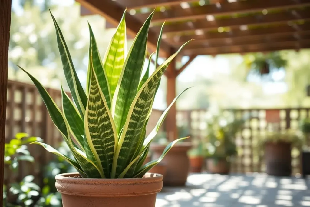 Snake plant growing outdoors on shaded patio with dappled morning sunlight, ideal for Sansevieria outdoor care.