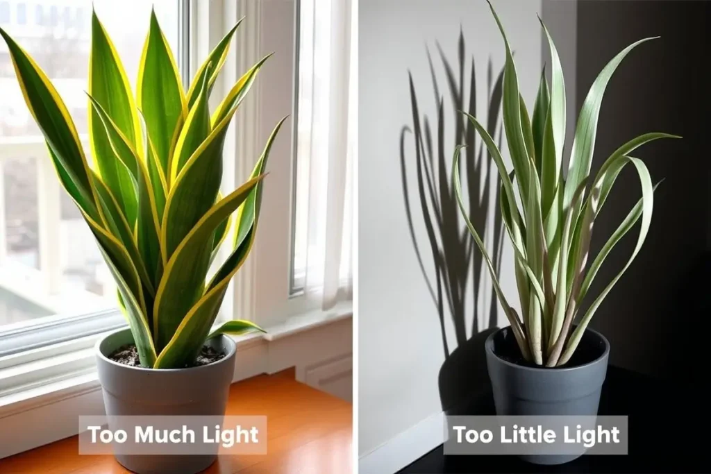 Comparison of snake plant leaves showing yellowing from too much sunlight and leggy growth from too little light, illustrating Sansevieria light issues.