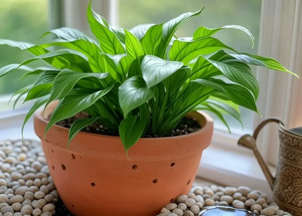 Thriving Peace Lily with green leaves and white bloom in a terracotta pot after recovering from overwatering, near a window.