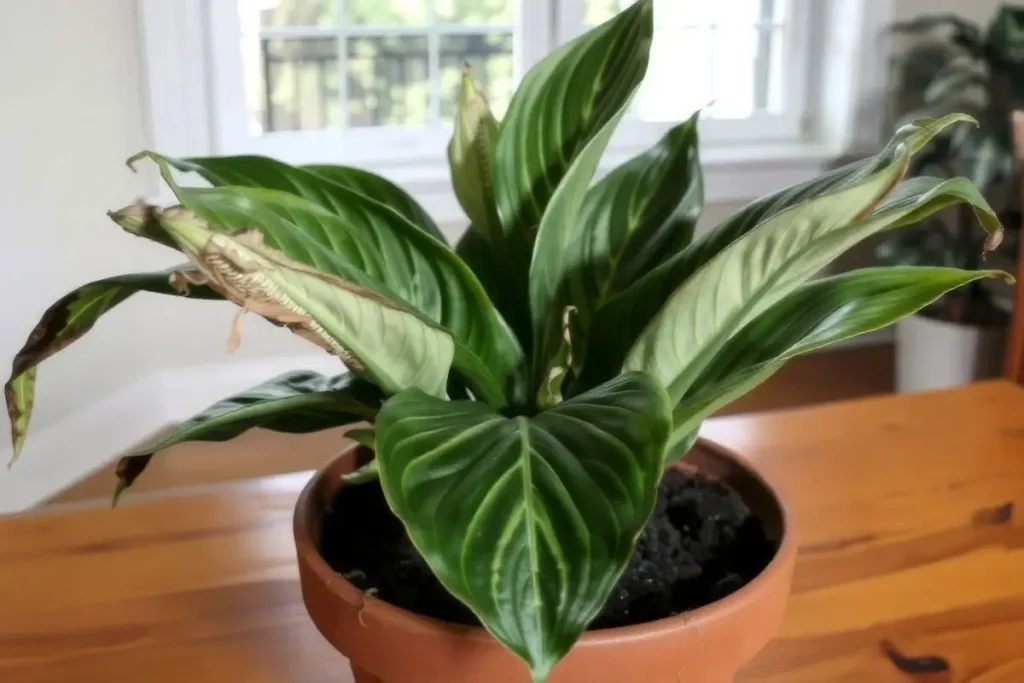 Underwatered peace lily with drooping, crispy leaves and dry soil.