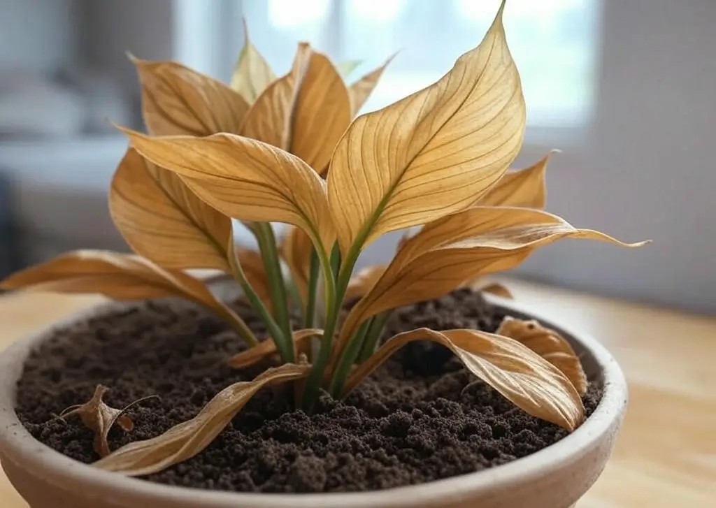 Dehydrated peace lily with dry, brown leaves from underwatering.