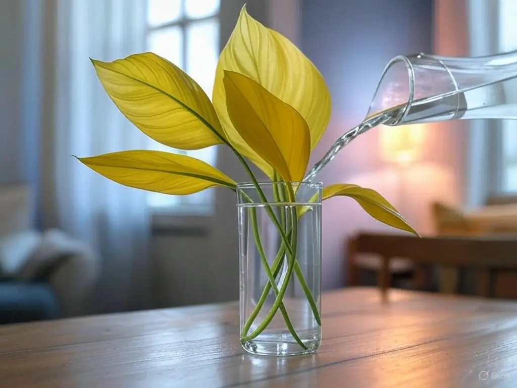 Peace Lily in water vase with yellow leaves, adding fresh distilled water near a window.