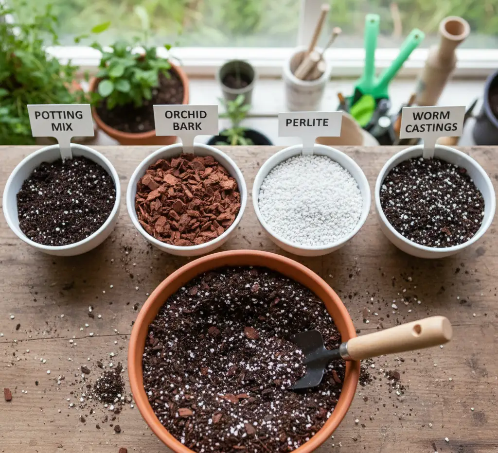 Best peace lily soil mix recipe – 40% potting mix, 30% orchid bark, 20% perlite, 10% worm castings