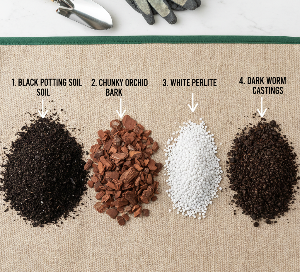 Aroid potting mix ingredients including orchid bark perlite and worm castings for pothos soil.