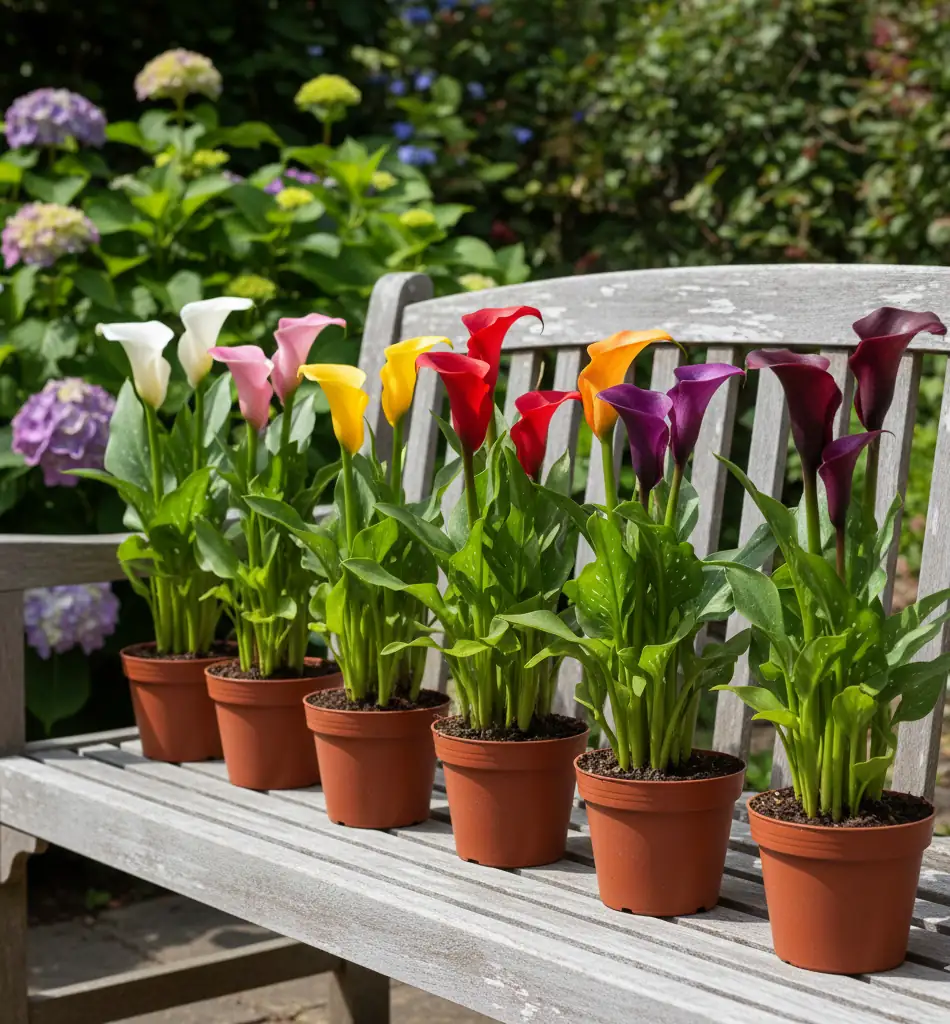 All popular calla lily flower colors in one photo – white, pink, red, purple, black varieties 2025