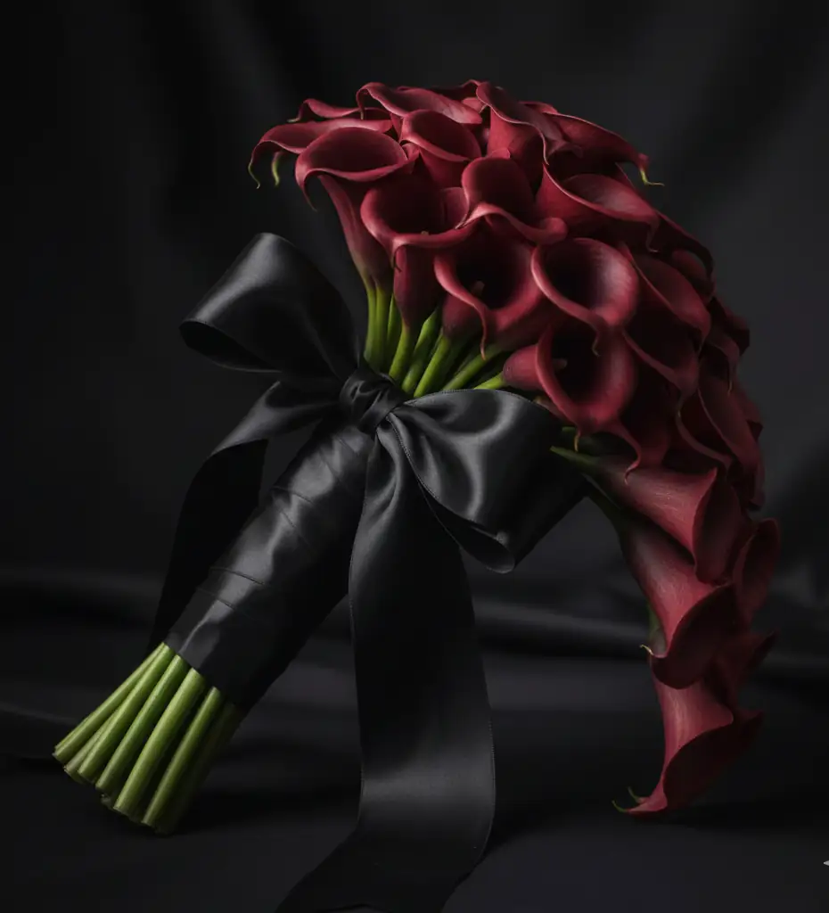 Deep red and maroon calla lily flower wedding bouquet – 2026 bridal trend