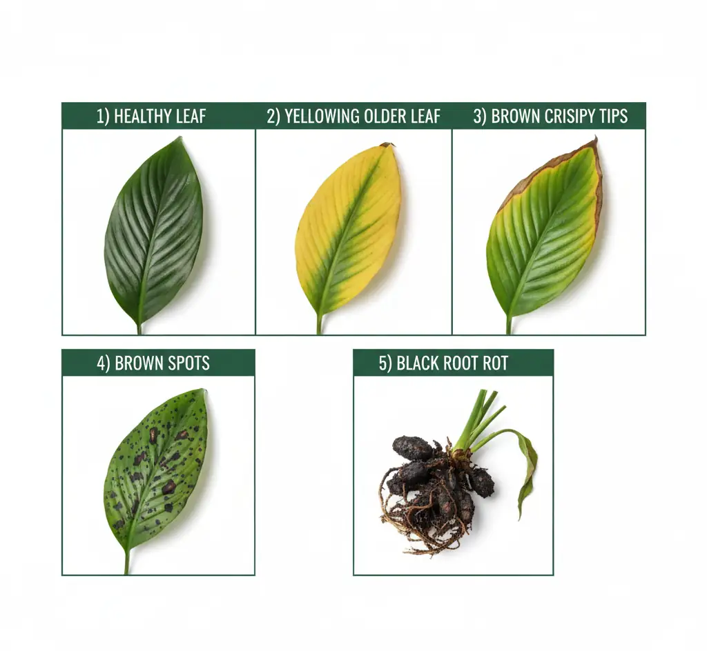 Peace lily problems identified – yellow leaves, brown tips, root rot and how to fix each issue fast