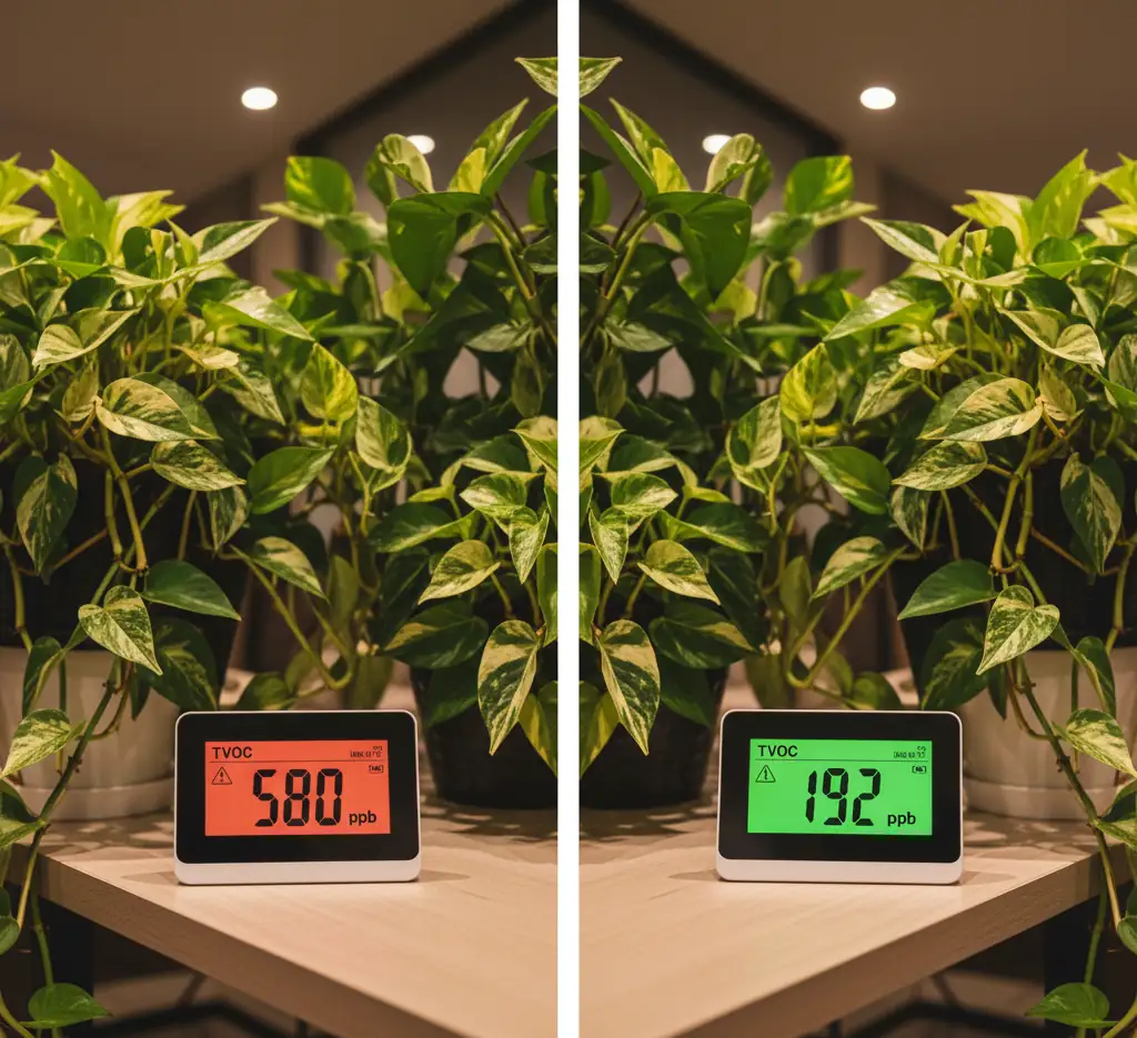 Before-and-after air quality monitor screenshots showing TVOC drop from 580 ppb to 192 ppb after adding 12 pothos plants