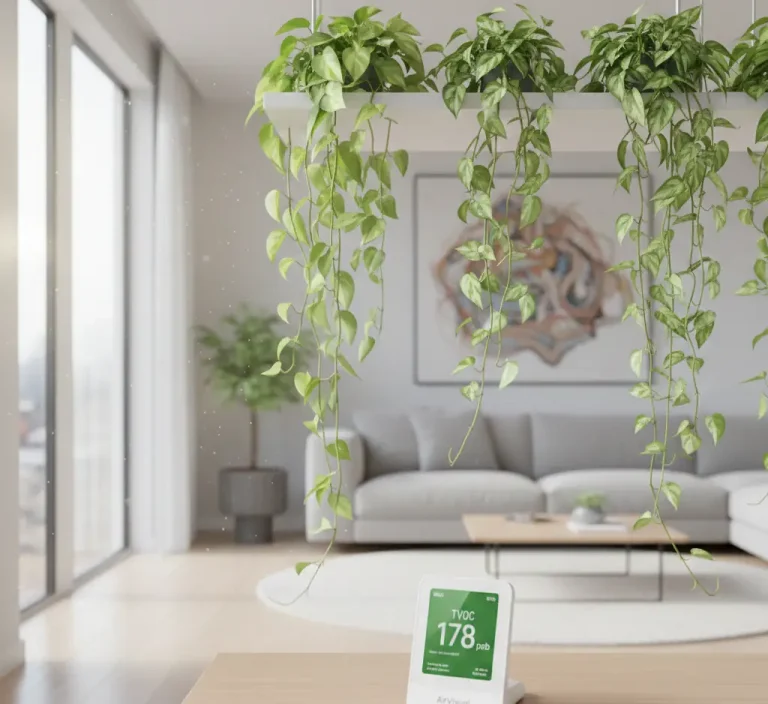 Golden pothos trailing from shelf with air-quality monitor showing low TVOC – 9 science-backed pothos benefits 2025