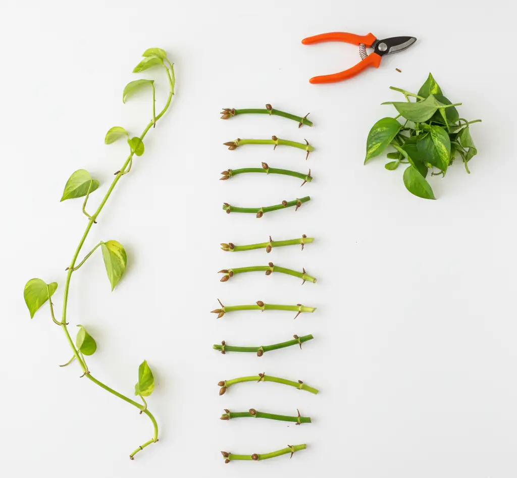 Pothos chop and propagate method – cutting long leggy vines into segments with multiple nodes