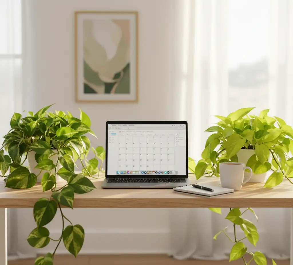 Home office desk with thriving Golden Pothos and Neon Pothos trailing beside laptop proven to boost focus and lower stress