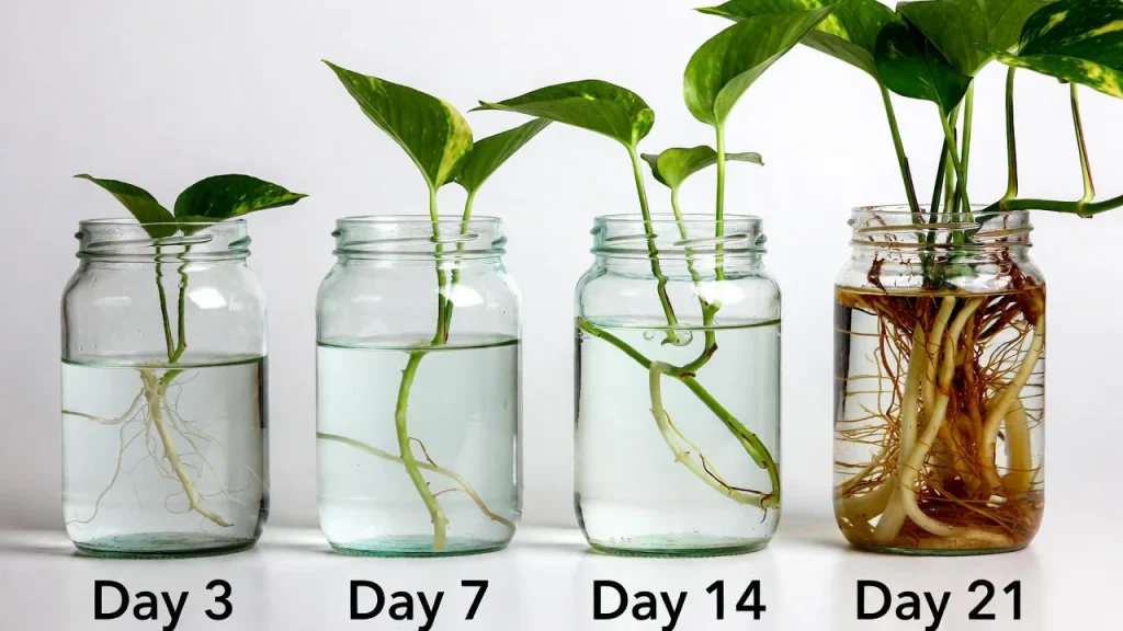 Pothos water propagation root growth timeline – Day 3 to Day 21