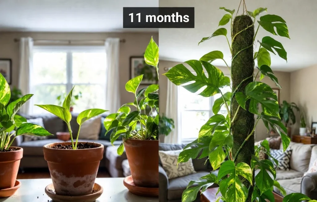 Before and after moss pole propagation – pothos leaves from small to massive 2025