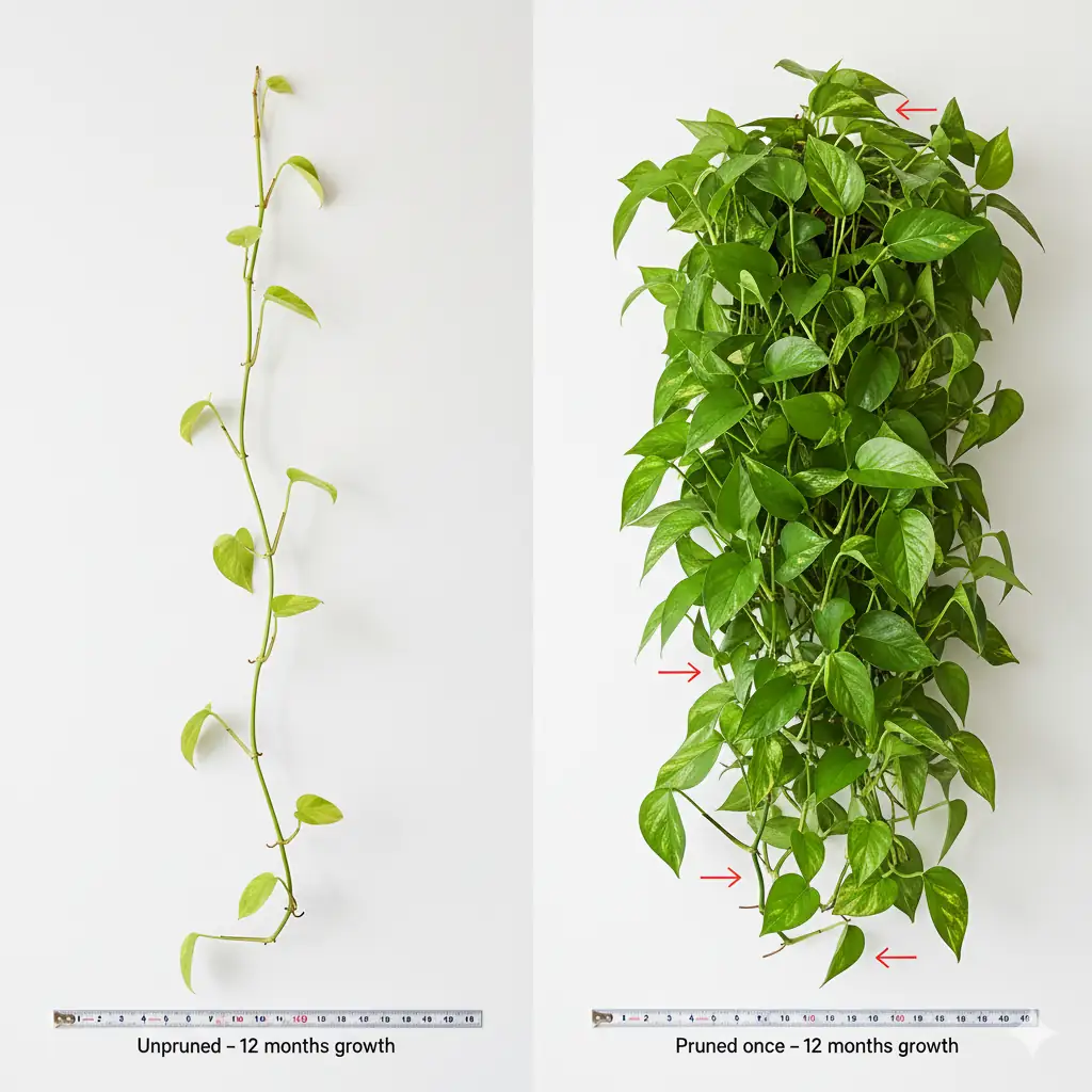 Pothos apical dominance explained – before and after pruning one vine over 12 months showing 4x more leaves
