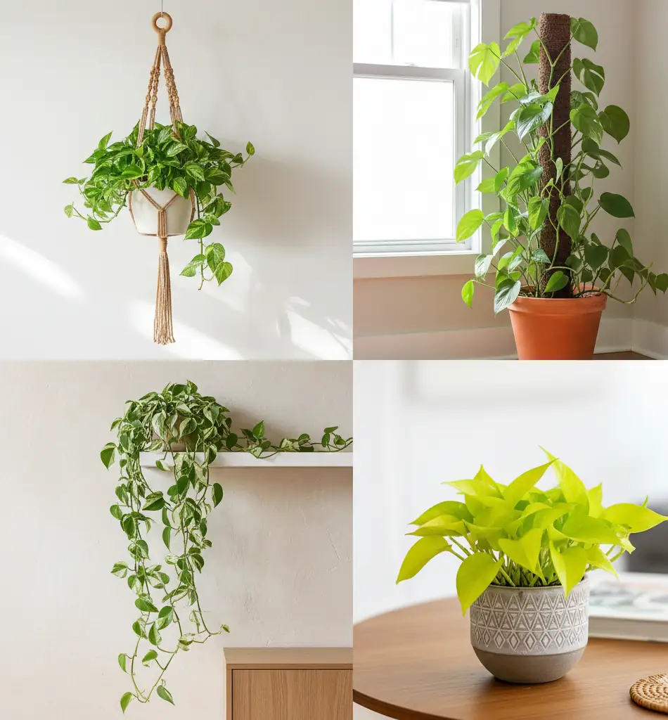4 ways to style pothos indoors – hanging basket, moss pole climber, shelf trailing, and macramé – 2025 interior trends