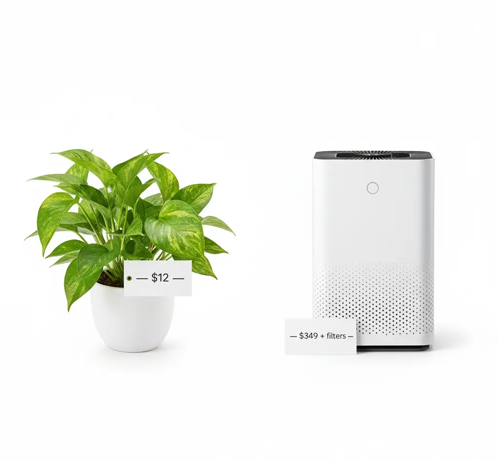 $12 Golden Pothos plant next to $349 HEPA air purifier – 5-year cost comparison showing pothos wins