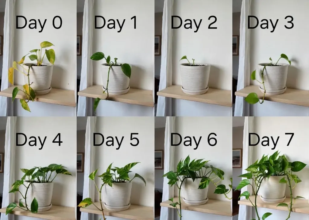 Pothos 7-day revival before and after – from 90% yellow to lush green vines