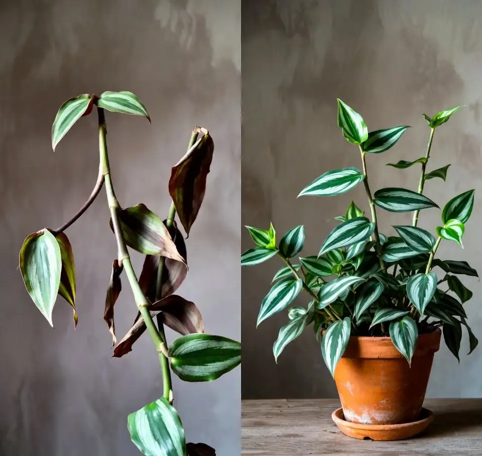 Wandering Jew brown tips fixed – before and after proper watering schedule results
