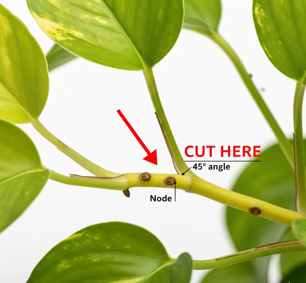 Where to cut pothos for new growth – close-up showing exact node and 45-degree angle