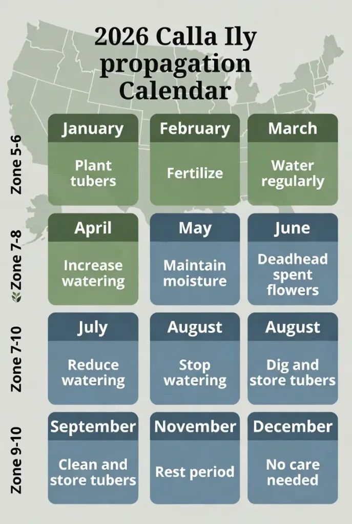 2026 calla lily propagation calendar by USDA hardiness zone – best months and methods printable