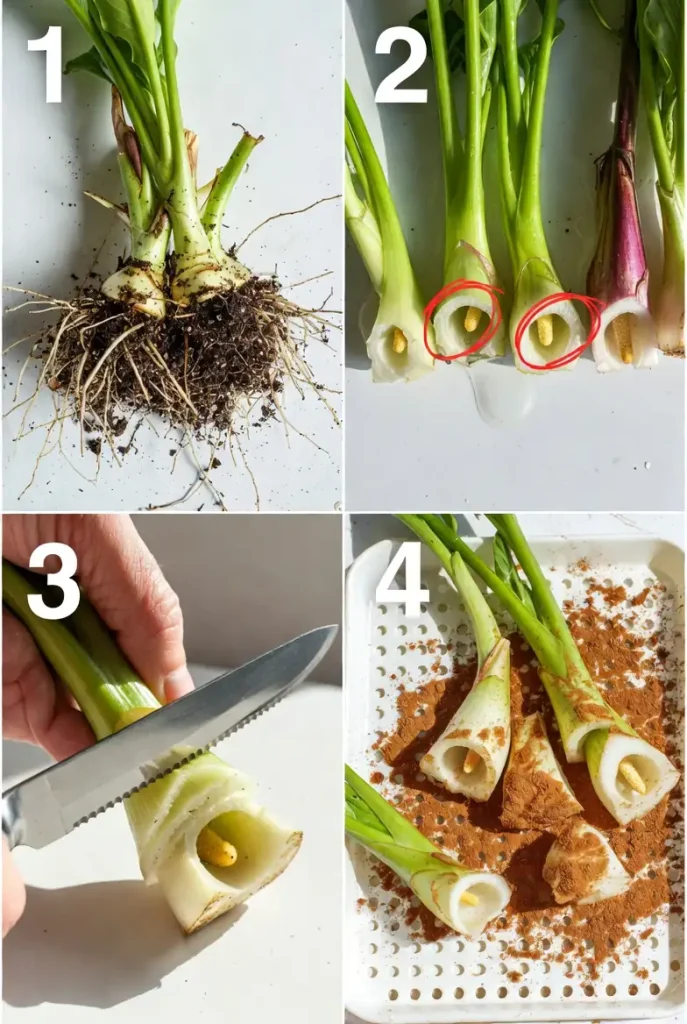 Step-by-step calla lily propagation by rhizome division – identifying eyes and curing cuts