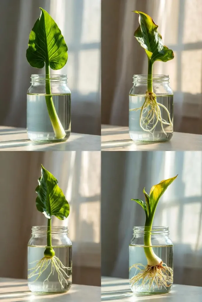 Calla lily propagation from leaf cutting in water – complete 9-week rhizome development timeline