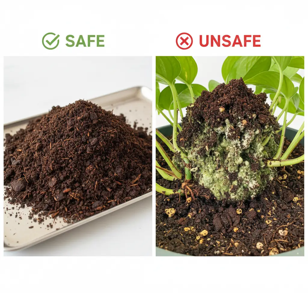 Compost and moldy coffee grounds comparison illustrating safe vs. unsafe organic fertilizer application for Pothos
