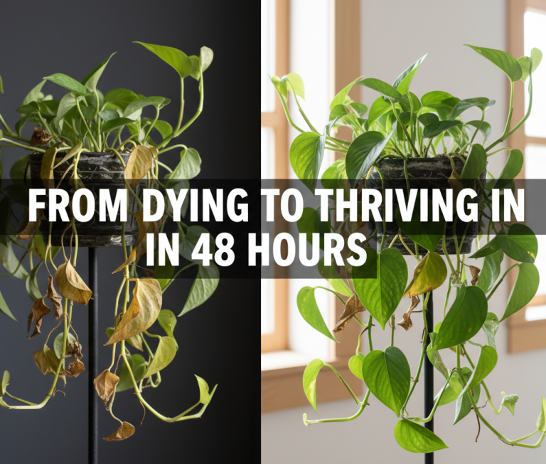 drooping pothos before and after 48-hour revival with perky leaves
