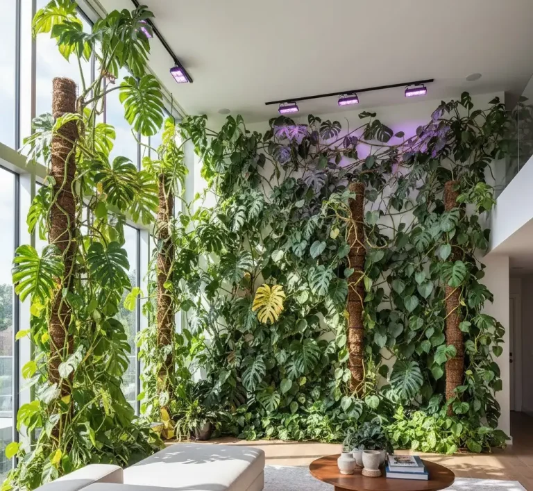 Massive 38-foot pothos climbing living room walls with huge mature leaves 2025
