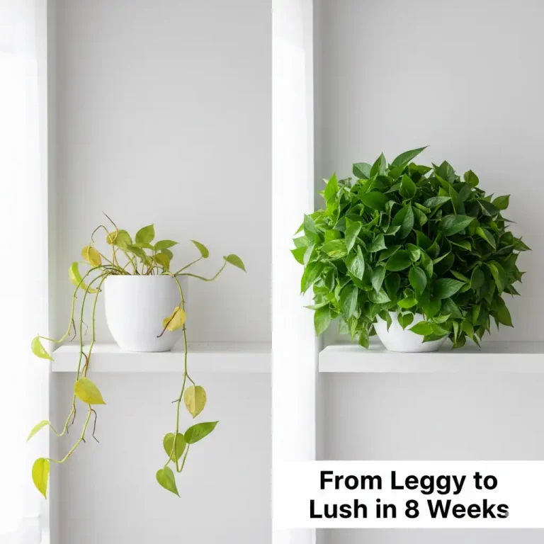 How to make pothos bushy: before and after transformation from leggy vines to full, thick plant in 8 weeks