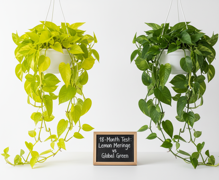 Lemon Meringue Pothos vs Global Green Pothos side-by-side comparison after 18 months growth