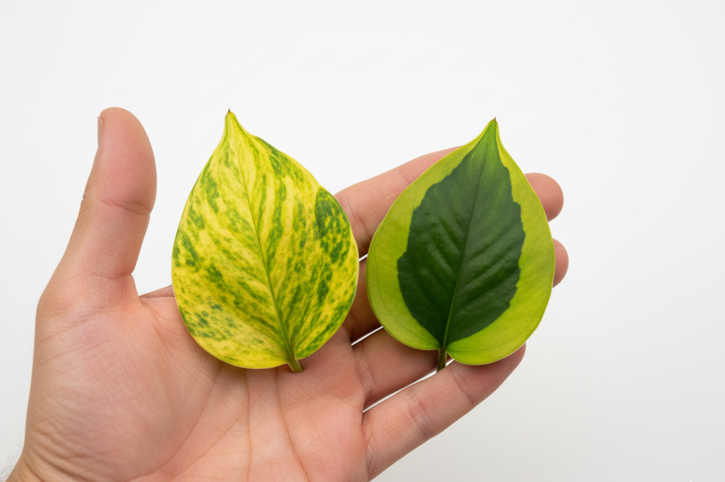 Close-up leaf comparison Lemon Meringue Pothos vs Global Green Pothos variegation patterns