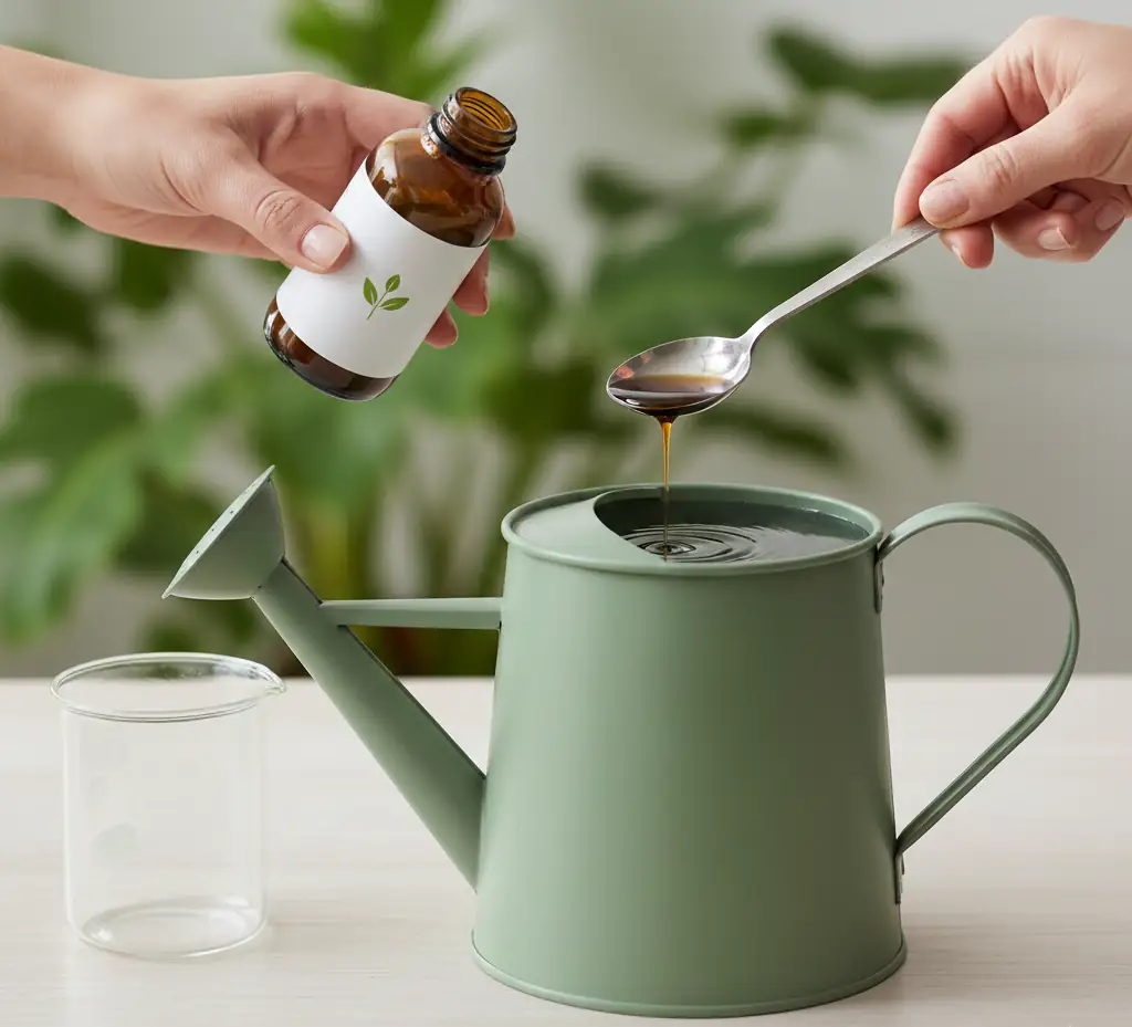 Hand diluting liquid Pothos fertilizer into a watering can, demonstrating the light feeding technique for houseplants