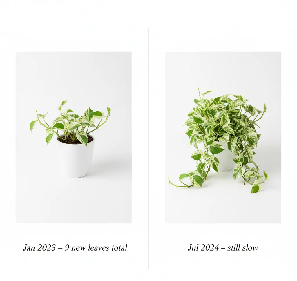 Manjula pothos growth rate before and after 18 months side-by-side progress photos