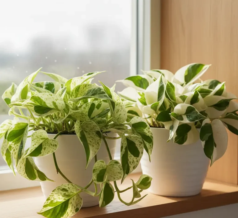 Manjula pothos vs Snow Queen pothos side-by-side comparison in white pots on windowsil