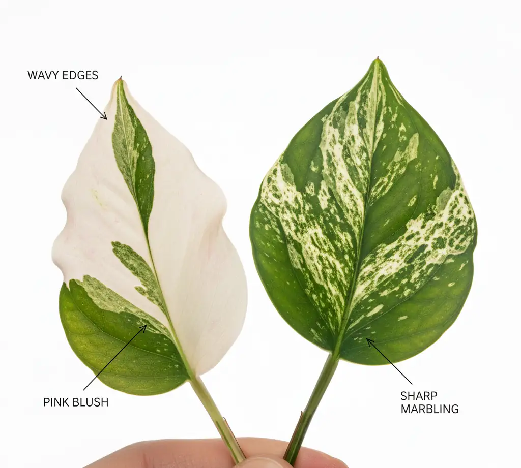 Manjula pothos vs Marble Queen pothos leaf variegation close-up comparison