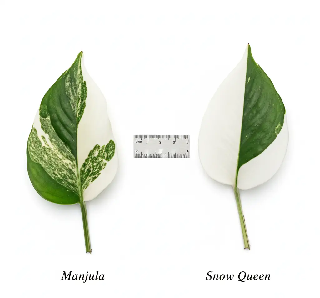Manjula pothos vs Snow Queen pothos leaf shape and variegation differences close-up with ruler