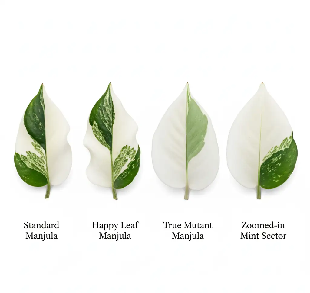 mutant manjula pothos vs regular manjula vs happy leaf variegation comparison