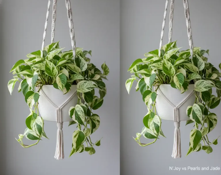 N’Joy pothos vs Pearls and Jade pothos side-by-side comparison showing variegation differences 2026