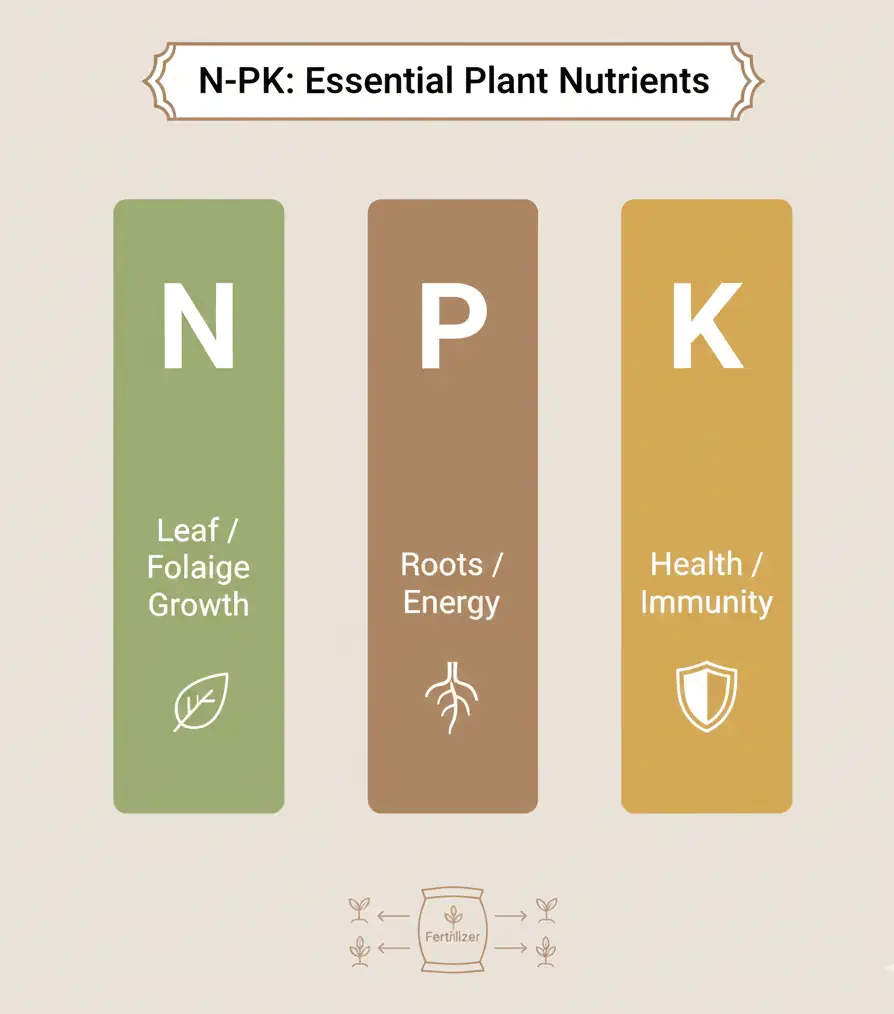 Infographic explaining NPK ratio: Nitrogen for leaf growth, Phosphorus for root energy, and Potassium for plant health