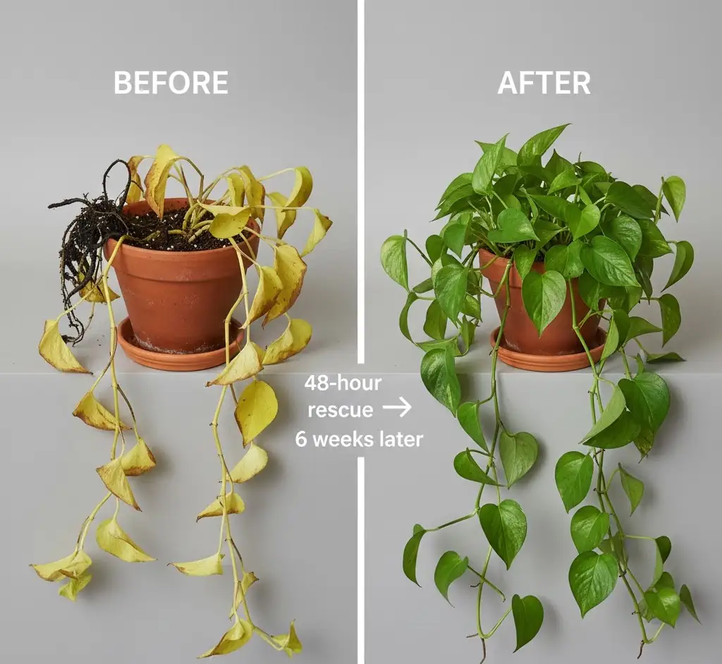 before and after rescuing overwatered pothos from root rot
