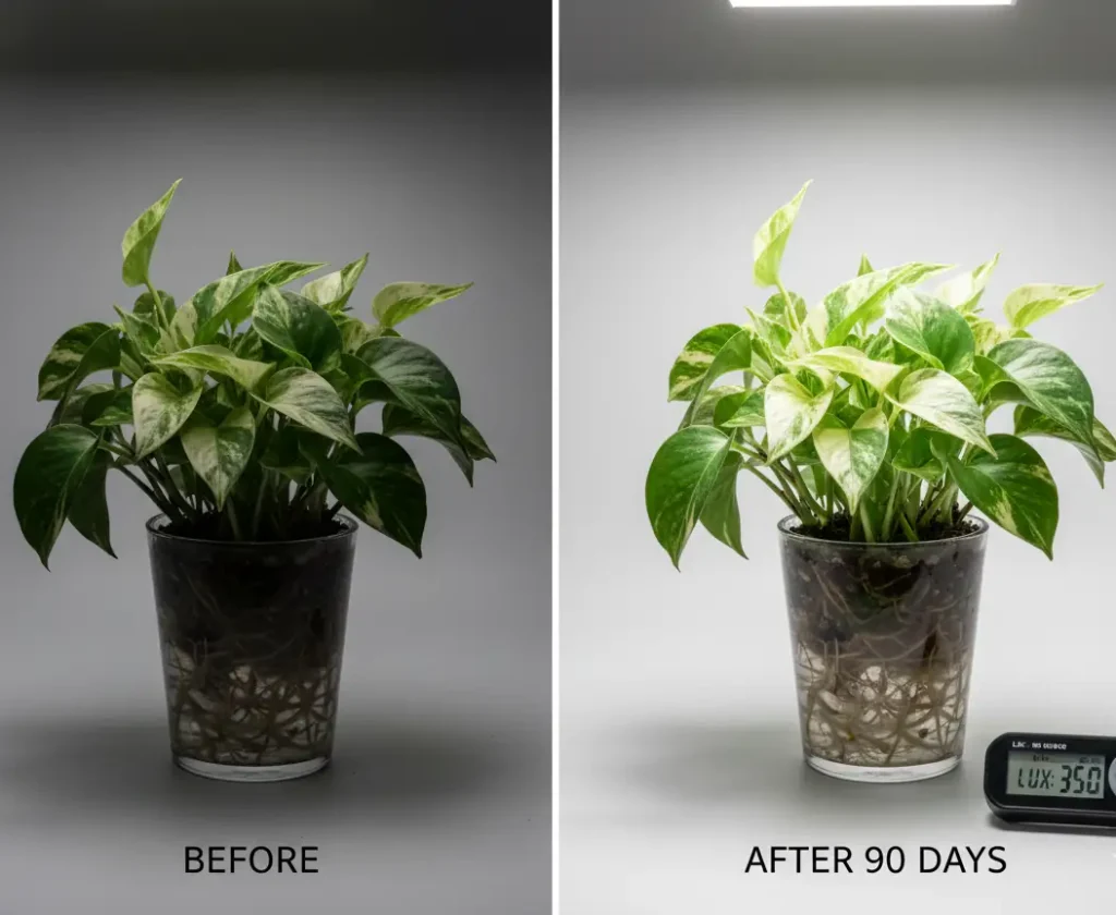 Pearls and Jade Pothos before and after correct bright indirect light showing variegation recovery