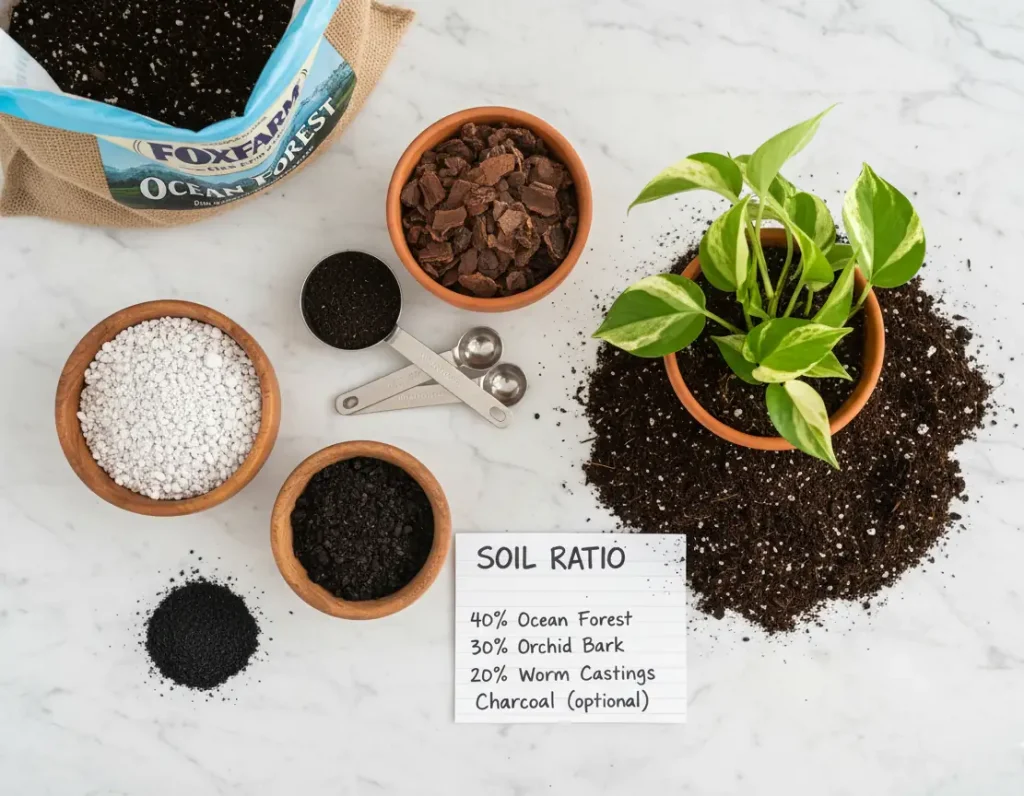 Best soil mix recipe for Pearls and Jade Pothos with exact ratios of potting soil, bark, perlite and worm castings