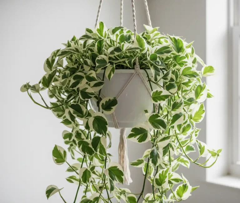 Pearls and Jade Pothos with perfect variegation trailing from hanging planter in bright indirect light
