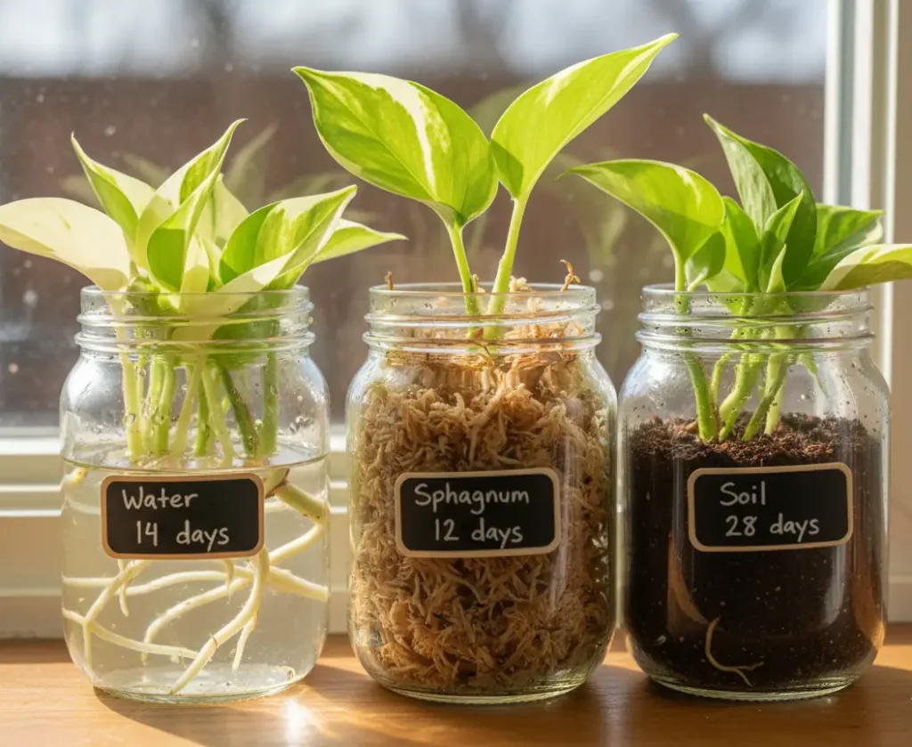 Pearls and Jade Pothos water vs sphagnum vs soil propagation results after 6 weeks